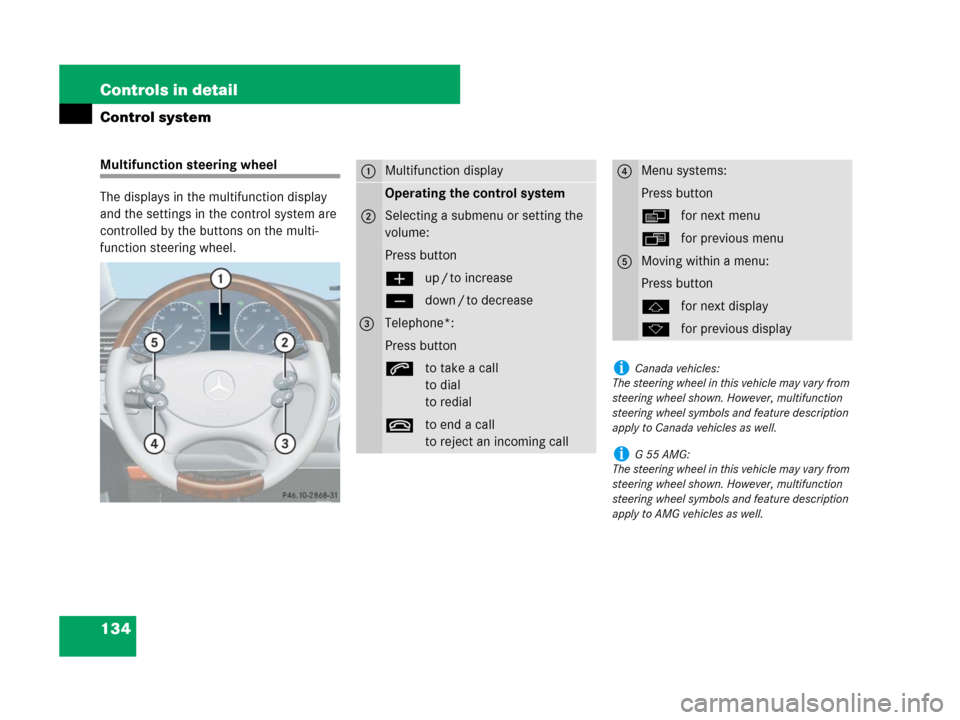 MERCEDES-BENZ G500 2007 W463 Owners Manual 134 Controls in detail
Control system
Multifunction steering wheel
The displays in the multifunction display 
and the settings in the control system are 
controlled by the buttons on the multi-
functi