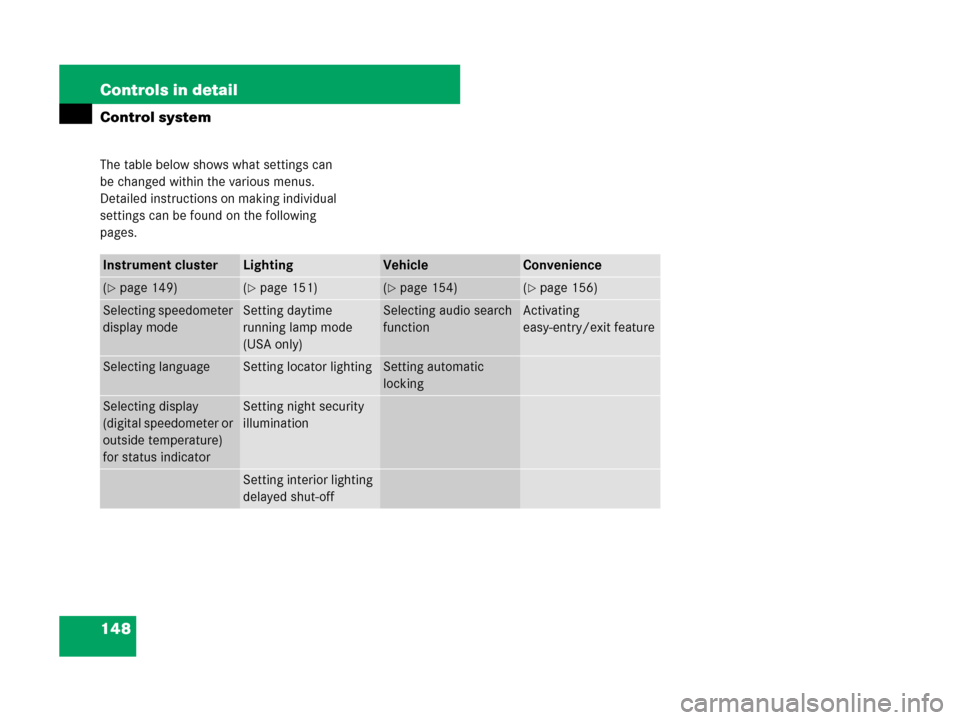 MERCEDES-BENZ G55AMG 2007 W463 Owners Manual 148 Controls in detail
Control system
The table below shows what settings can 
be changed within the various menus. 
Detailed instructions on making individual 
settings can be found on the following 