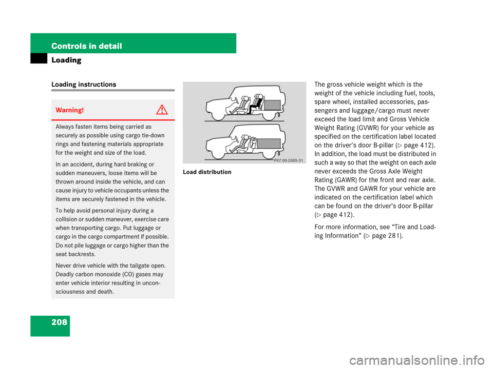 MERCEDES-BENZ G55AMG 2007 W463 Owners Manual 208 Controls in detail
Loading
Loading instructions
Load distribution
The gross vehicle weight which is the 
weight of the vehicle including fuel, tools, 
spare wheel, installed accessories, pas-
seng