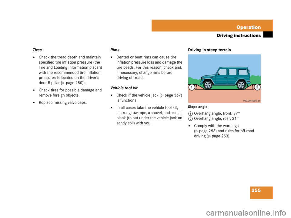 MERCEDES-BENZ G500 2007 W463 Owners Manual 255 Operation
Driving instructions
Tires
Check the tread depth and maintain 
specified tire inflation pressure (the 
Tire and Loading Information placard 
with the recommended tire inflation 
pressur