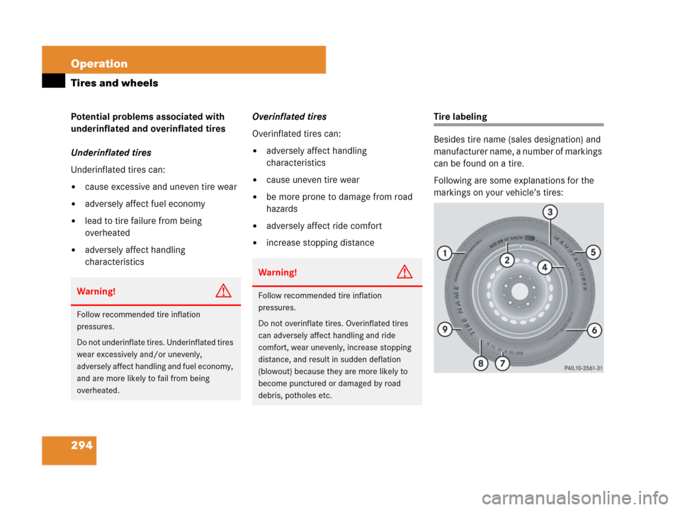MERCEDES-BENZ G55AMG 2007 W463 Owners Manual 294 Operation
Tires and wheels
Potential problems associated with 
underinflated and overinflated tires
Underinflated tires
Underinflated tires can:
cause excessive and uneven tire wear 
adversely a