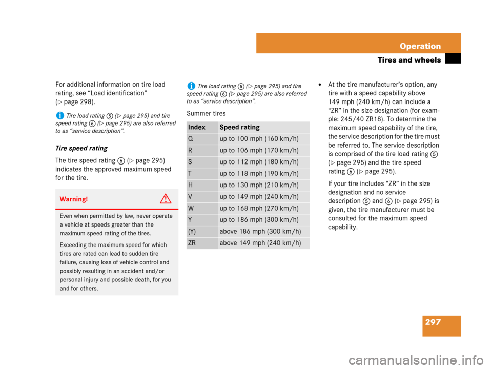 MERCEDES-BENZ G55AMG 2007 W463 Owners Manual 297 Operation
Tires and wheels
For additional information on tire load 
rating, see “Load identification” 
(
page 298).
Tire speed rating
The tire speed rating6 (
page 295) 
indicates the approv