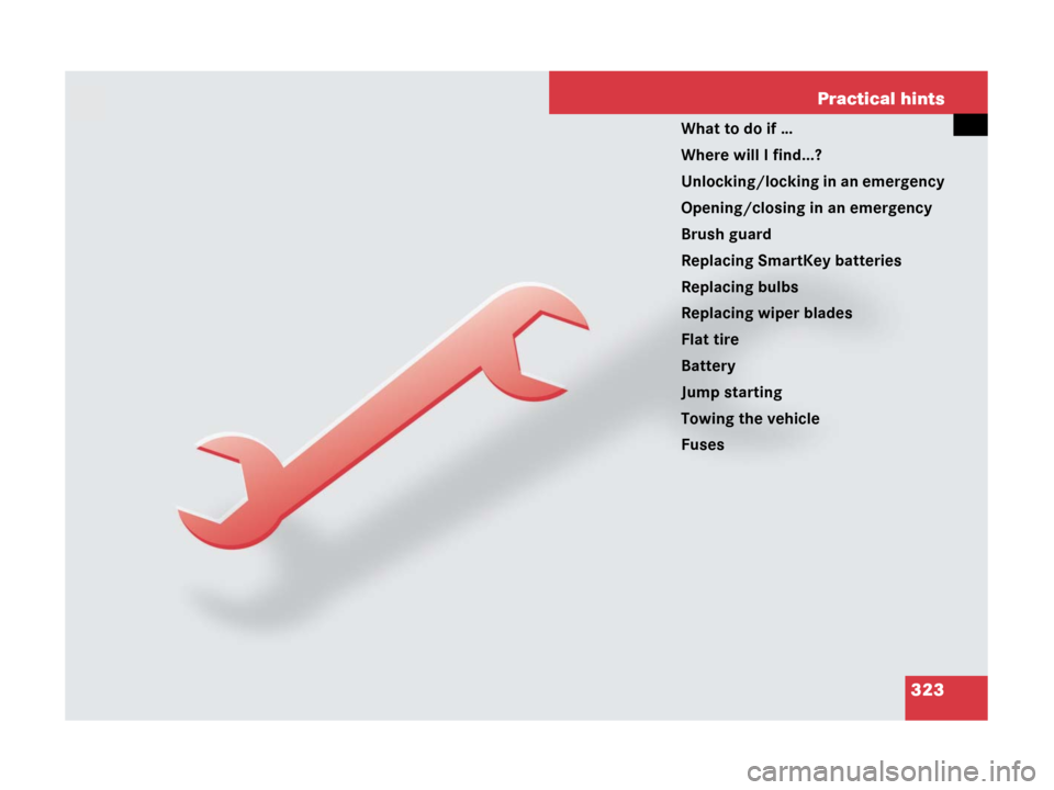 MERCEDES-BENZ G55AMG 2007 W463 Owners Manual 323
Practical hints
What to do if …
Where will I find...?
Unlocking/locking in an emergency
Opening/closing in an emergency
Brush guard
Replacing SmartKey batteries
Replacing bulbs
Replacing wiper b