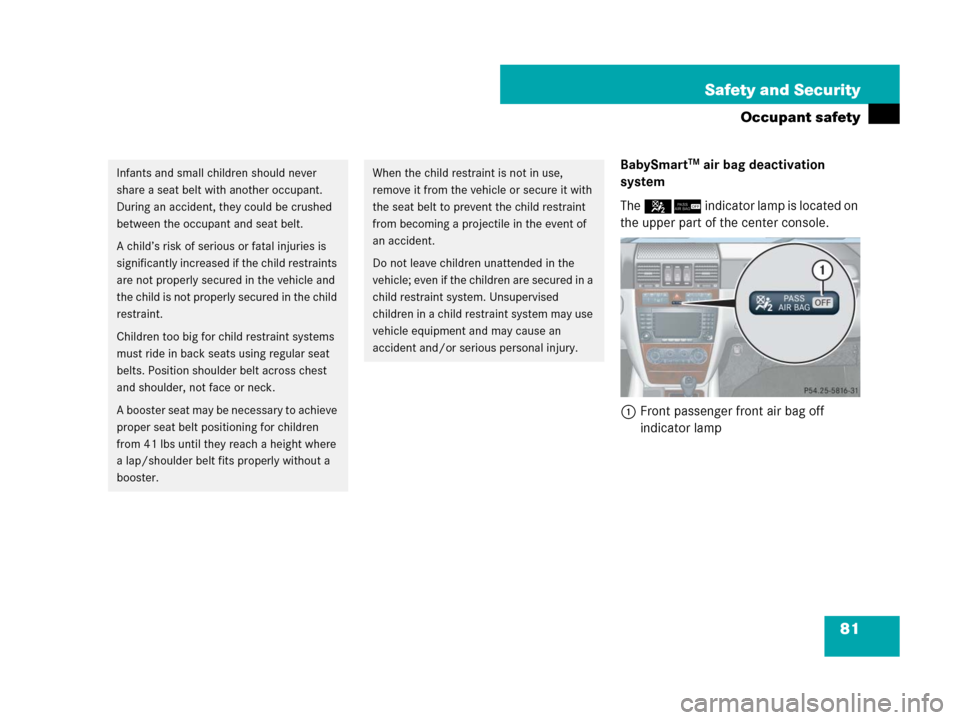 MERCEDES-BENZ G55AMG 2007 W463 Owners Manual 81 Safety and Security
Occupant safety
BabySmartTM air bag deactivation 
system
The 56 indicator lamp is located on 
the upper part of the center console.
1Front passenger front air bag off 
indicator