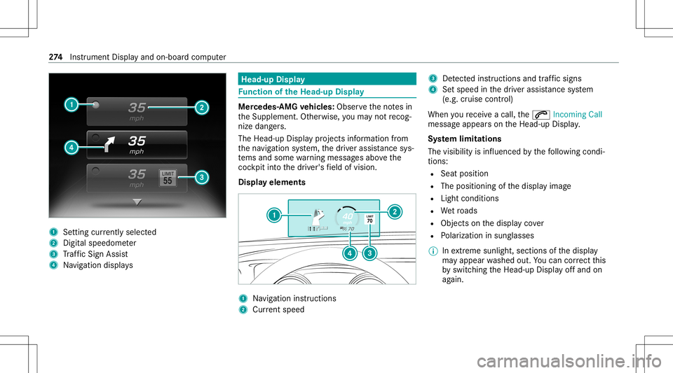 MERCEDES-BENZ S-CLASS 2020  Owners Manual 1
Setting currently select ed
2 Digital spe edome ter
3 Traf ficS ign Assi st
4 Navig ation displays Head-up
Display Fu
nction oftheH ead -up Displa y Mer
cedes‑ AMGvehicl es:Obser vethen otes in
th
