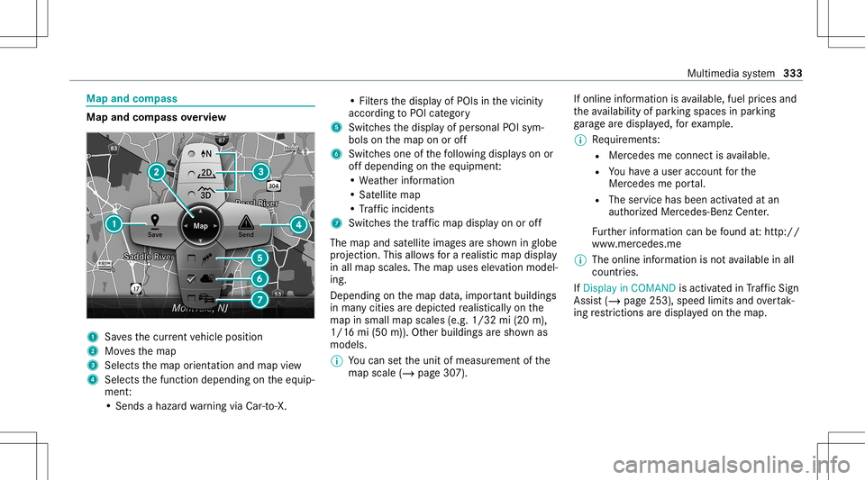 MERCEDES-BENZ S-CLASS 2020 Owners Manual Map
andcom pass Map
andcom pass overview 1
Savest he cur rent vehicle position
2 Movest he map
3 Selects them aporient ation andmap view
4 Select sthe function depending onthee quip‐
ment :
•S end MERCEDES-BENZ S-CLASS 2020 Owners Manual Map
andcom pass Map
andcom pass overview 1
Savest he cur rent vehicle position
2 Movest he map
3 Selects them aporient ation andmap view
4 Select sthe function depending onthee quip‐
ment :
•S end