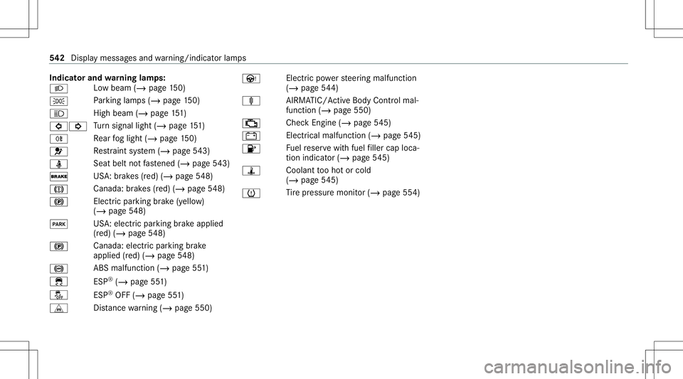 MERCEDES-BENZ S-CLASS 2020  Owners Manual Indi
catorand warning lam ps:
0058 Lo
wb eam (/page150)
0060 Pa
rking lam ps(/ page150)
0057 Hig
hbeam( /pag e151)
003E003D Tu
rn signal light(/page151)
005E Re
ar fogl ight (/page150)
0075 Re
stra in