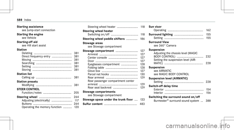 MERCEDES-BENZ S-CLASS 2020 Owners Manual St
arting assistance
see Jump -star tconne ction
St arting thee ngine
see Vehicle
St arting-o ffaid
see Hillstar ta ssis t
St ation
Dele ting .......................................... ..... 381
Dir e MERCEDES-BENZ S-CLASS 2020 Owners Manual St
arting assistance
see Jump -star tconne ction
St arting thee ngine
see Vehicle
St arting-o ffaid
see Hillstar ta ssis t
St ation
Dele ting .......................................... ..... 381
Dir e