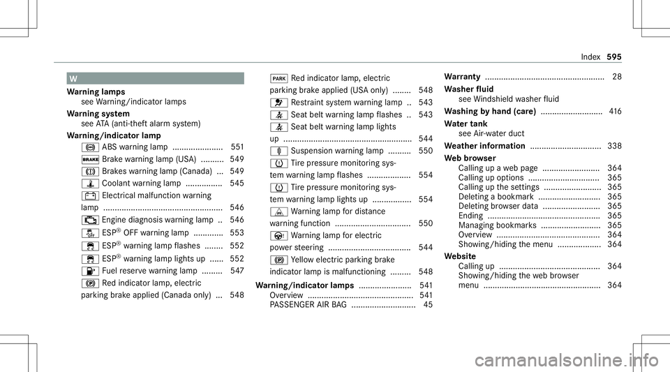 MERCEDES-BENZ S-CLASS 2020 Owners Manual W
Wa rning lam ps
see Warning/ indic ator lam ps
Wa rning system
see ATA( anti-t hef talarm system)
Wa rning/indicat orlam p
0025 ABSw arning lamp......................5 51
0027 Brakewarning lamp(US A MERCEDES-BENZ S-CLASS 2020 Owners Manual W
Wa rning lam ps
see Warning/ indic ator lam ps
Wa rning system
see ATA( anti-t hef talarm system)
Wa rning/indicat orlam p
0025 ABSw arning lamp......................5 51
0027 Brakewarning lamp(US A