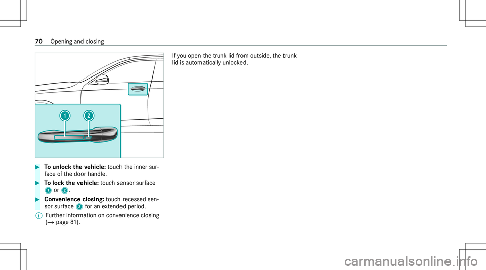 MERCEDES-BENZ S-CLASS 2020 Manual PDF #
Tounlo ckthev ehic le:touc ht he inner sur‐
fa ce ofthed oor handle. #
Toloc kthe vehicl e:touc hs ensor surface
1 or2. #
Convenience closing:touc hr eces sedsen‐
sor surface 2 fora ne xtende dp MERCEDES-BENZ S-CLASS 2020 Manual PDF #
Tounlo ckthev ehic le:touc ht he inner sur‐
fa ce ofthed oor handle. #
Toloc kthe vehicl e:touc hs ensor surface
1 or2. #
Convenience closing:touc hr eces sedsen‐
sor surface 2 fora ne xtende dp