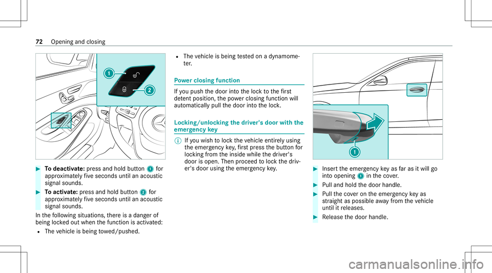 MERCEDES-BENZ S-CLASS 2020 Manual PDF #
Todeac tivate: press and holdb utton1 for
appr oximat elyf ives econds untilanacous tic
signal sounds. #
Toactiv ate: press and hold button2 for
appr oximat elyf ives econds untilanacous tic
signal MERCEDES-BENZ S-CLASS 2020 Manual PDF #
Todeac tivate: press and holdb utton1 for
appr oximat elyf ives econds untilanacous tic
signal sounds. #
Toactiv ate: press and hold button2 for
appr oximat elyf ives econds untilanacous tic
signal