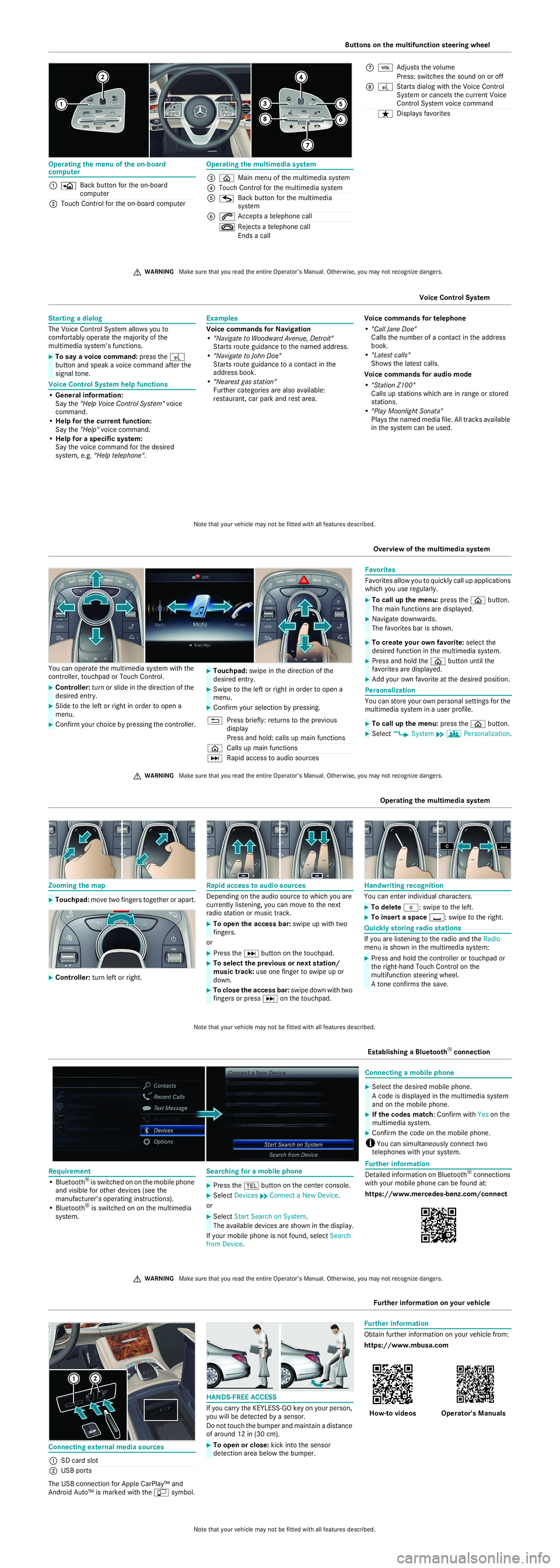 MERCEDES-BENZ S-CLASS 2020  Quick Start Guide Op
erati ng them enuo fthe on- boa rd co
mp uter Op
eratingt he mul timed iasystem
1 Back butto nfor theo n-bo ard
co mp uter
2 TouchC ontrol fort he on-boa rd comp uter 3
00E2 Mainme nu ofthem ultime