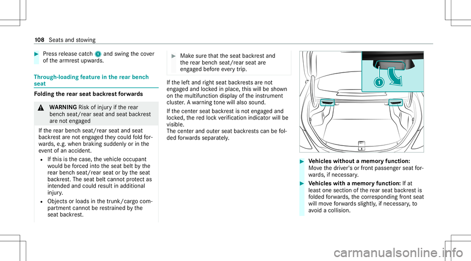 MERCEDES-BENZ C-CLASS SEDAN 2020  Owners Manual #
Press release catch1 and swin gth eco ver
of thear mr estupw ards. Thr
ough-load ingfeatur ein there ar ben ch
seat Fo
lding there ar seat backres tfo rw ards &
WARNIN GRisk ofinju ryifth ere ar
ben