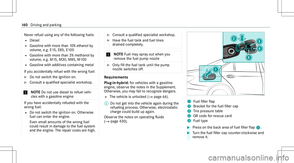 MERCEDES-BENZ C-CLASS SEDAN 2020  Owners Manual Ne
verre fuel using anyof thefo llo wing fuels:
R Dies el
R Gasoline withmor eth an 10%ethanol by
vo lume, e.g.E15, E8 5,E100
R Gasoline withmor eth an 3% methano lby
vo lume, e.g.M15,M30 ,M85 ,M1 00
 MERCEDES-BENZ C-CLASS SEDAN 2020  Owners Manual Ne
verre fuel using anyof thefo llo wing fuels:
R Dies el
R Gasoline withmor eth an 10%ethanol by
vo lume, e.g.E15, E8 5,E100
R Gasoline withmor eth an 3% methano lby
vo lume, e.g.M15,M30 ,M85 ,M1 00