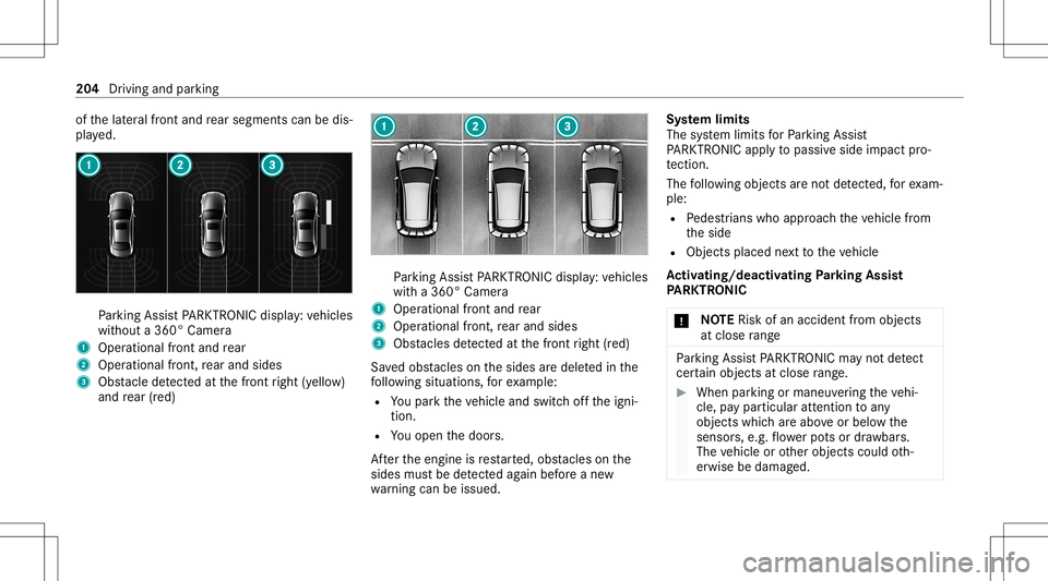 MERCEDES-BENZ C-CLASS SEDAN 2020 Owners Guide of
thelat eral front and rear segm entscan bedis‐
pla yed. Pa
rking AssistPA RK TRONI Cdisp lay: vehicles
wit hout a360° Camer a
1 Oper ational front and rear
2 Operation alfron t,re ar and sides
3 MERCEDES-BENZ C-CLASS SEDAN 2020 Owners Guide of
thelat eral front and rear segm entscan bedis‐
pla yed. Pa
rking AssistPA RK TRONI Cdisp lay: vehicles
wit hout a360° Camer a
1 Oper ational front and rear
2 Operation alfron t,re ar and sides
3