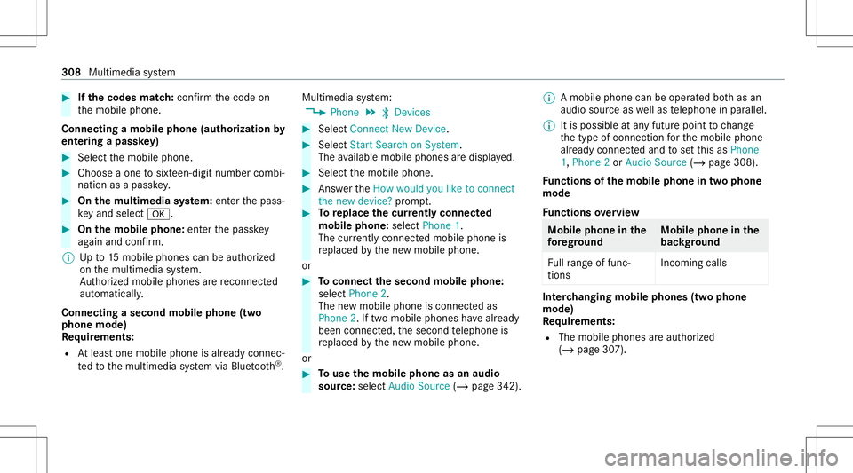 MERCEDES-BENZ C-CLASS SEDAN 2020  Owners Manual #
Ifth ecodes match: con firm thecode on
th emobile phone.
Connecting amobile phone(authorizat ion by
ent ering apa ssk ey) #
Select themobile phone. #
Choose aone tosixt een-digit numbercombi‐
nati MERCEDES-BENZ C-CLASS SEDAN 2020  Owners Manual #
Ifth ecodes match: con firm thecode on
th emobile phone.
Connecting amobile phone(authorizat ion by
ent ering apa ssk ey) #
Select themobile phone. #
Choose aone tosixt een-digit numbercombi‐
nati