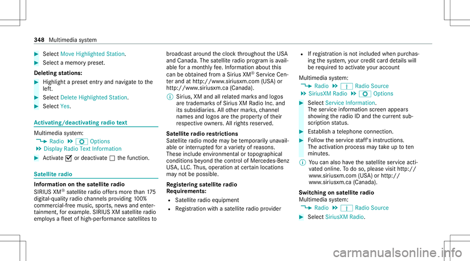 MERCEDES-BENZ C-CLASS SEDAN 2020  Owners Manual #
Select Move Highlighte dStati on. #
Select amemo ryprese t.
Dele ting station s: #
Highl ightapr ese tentr yand navig ateto the
lef t. #
Selec tDelet eHighlig htedSt ation. #
Selec tYes. Ac
tiv atin MERCEDES-BENZ C-CLASS SEDAN 2020  Owners Manual #
Select Move Highlighte dStati on. #
Select amemo ryprese t.
Dele ting station s: #
Highl ightapr ese tentr yand navig ateto the
lef t. #
Selec tDelet eHighlig htedSt ation. #
Selec tYes. Ac
tiv atin