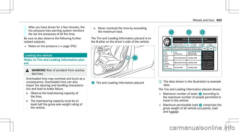 MERCEDES-BENZ C-CLASS SEDAN 2020  Owners Manual Af
teryo uha ve driven fora fe w min utes, the
tir epr es su re loss warning system monit ors
th ese ttir epr essur esofall thetir es.
Be sureto also obse rveth efo llo wing further
re lat ed subje ct MERCEDES-BENZ C-CLASS SEDAN 2020  Owners Manual Af
teryo uha ve driven fora fe w min utes, the
tir epr es su re loss warning system monit ors
th ese ttir epr essur esofall thetir es.
Be sureto also obse rveth efo llo wing further
re lat ed subje ct