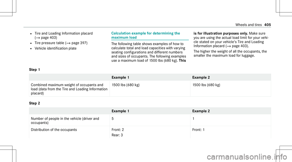 MERCEDES-BENZ C-CLASS SEDAN 2020  Owners Manual R
Tire and Loadi ngInfo rm atio nplacar d
(/ page40 3)
R Tire pressur eta ble (/ page39 7)
R Vehicle identif ication plate Calculation
exam ple forde term ining the
ma ximum load The
follo wing table  MERCEDES-BENZ C-CLASS SEDAN 2020  Owners Manual R
Tire and Loadi ngInfo rm atio nplacar d
(/ page40 3)
R Tire pressur eta ble (/ page39 7)
R Vehicle identif ication plate Calculation
exam ple forde term ining the
ma ximum load The
follo wing table