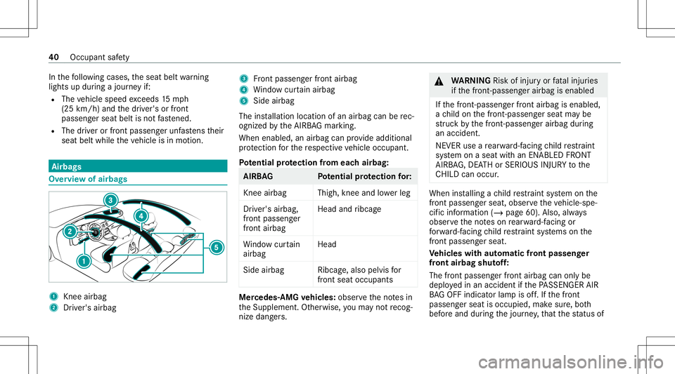MERCEDES-BENZ C-CLASS SEDAN 2020 Service Manual In
thefo llo wing cases ,th eseat beltwarning
light sup dur ing ajour neyif:
R The vehicle speed exceeds 15mp h
(25 km/ h)and thedr iver's orfront
passeng erseat beltisno tfa stened.
R The driver  MERCEDES-BENZ C-CLASS SEDAN 2020 Service Manual In
thefo llo wing cases ,th eseat beltwarning
light sup dur ing ajour neyif:
R The vehicle speed exceeds 15mp h
(25 km/ h)and thedr iver's orfront
passeng erseat beltisno tfa stened.
R The driver