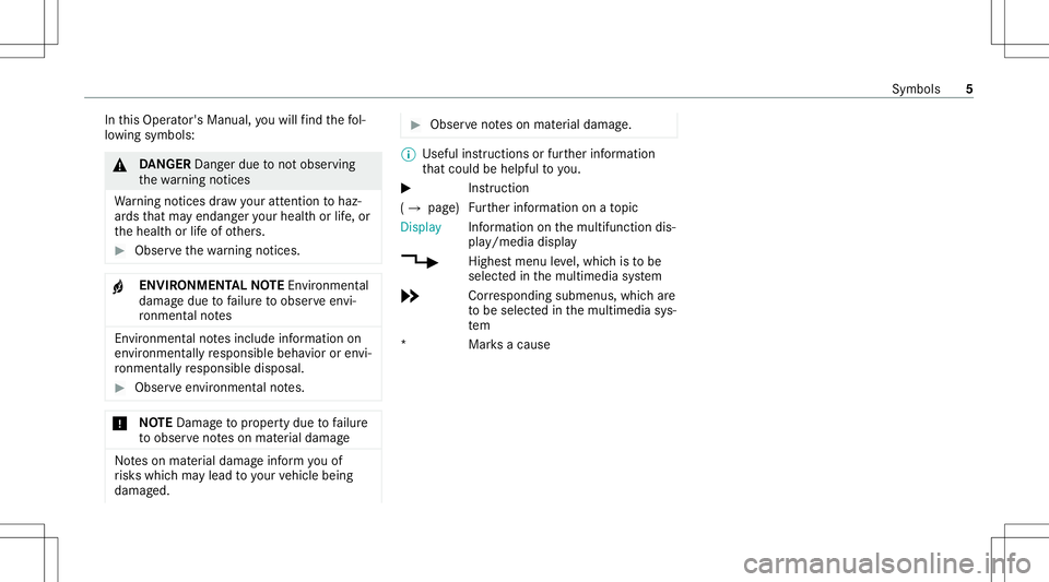 MERCEDES-BENZ C-CLASS SEDAN 2020 Owners Manual In
this Oper ator's Manual, youwill find thefo l‐
lo wing symbols : &
DANG ER Dan gerdue tonotob ser ving
th ewa rning notic es
Wa rning notic es draw your att entio nto haz‐
ar ds that ma yen MERCEDES-BENZ C-CLASS SEDAN 2020 Owners Manual In
this Oper ator's Manual, youwill find thefo l‐
lo wing symbols : &
DANG ER Dan gerdue tonotob ser ving
th ewa rning notic es
Wa rning notic es draw your att entio nto haz‐
ar ds that ma yen