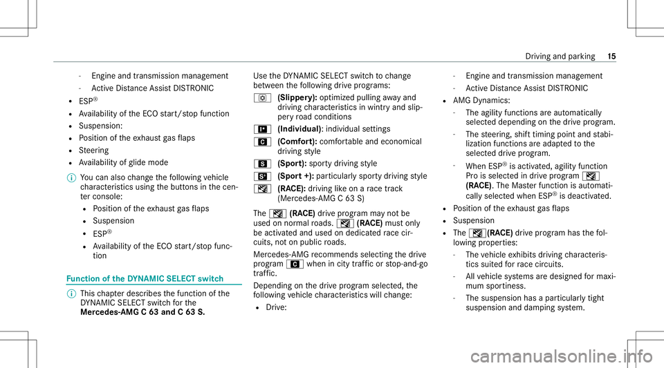 MERCEDES-BENZ C-CLASS SEDAN 2020  AMG Owners Manual -
Engi neand trans mis sion manag eme nt
- ActiveDis tance AssistDIS TRONI C
R ESP ®
R Availabilit yof theEC Ostar t/ stop funct ion
R Suspension:
R Position oftheex haus tga sflaps
R Steer ing
R Ava