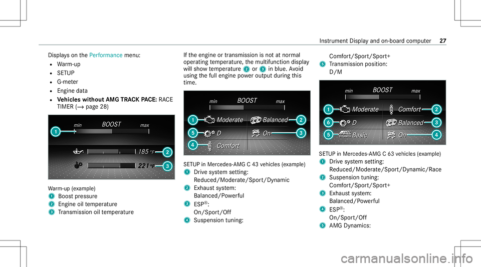 MERCEDES-BENZ C-CLASS SEDAN 2020  AMG Owners Guide Dis
play son thePerform ancemenu:
R Warm-up
R SETUP
R G-me ter
R Engi nedata
R Vehicl eswithout AMGTRACKPACE: RACE
TIME R(/ page28 ) Wa
rm-up (exa mp le)
1 Boos tpr essur e
2 Engine oiltemp eratur e
3