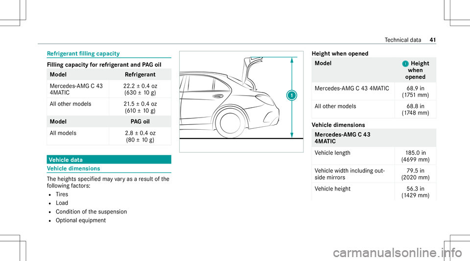 MERCEDES-BENZ C-CLASS SEDAN 2020  AMG Owners Manual Re
frig er ant filling capacity Fi
lling capacityforre frig er ant and PAGoil Model
Refrig er ant
Mer cedes- AMGC43
4MA TIC 22.2
±0.4 oz
(630 ±10 g)
All other models 21.5 ±0.4 oz
(6 10 ±10 g) Mode