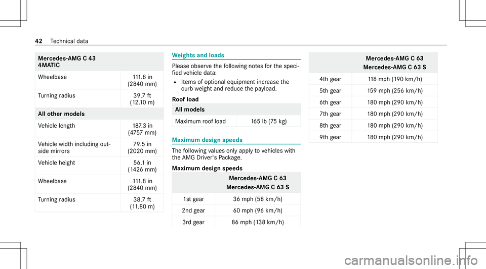 MERCEDES-BENZ C-CLASS SEDAN 2020  AMG Owners Manual Mer
cede s-AMG C43
4MA TIC
Whee lbase 111.8in
(28 40mm)
Tu rning radius 39.7ft
(1 2.10 m) All
other models
Ve hicle length1 87.3 in
(4 75 7mm)
Ve hicle widthincluding out‐
side mirrors 79.5
in
(2020