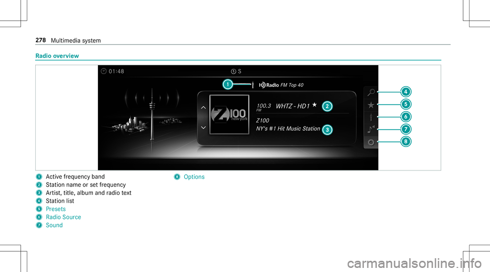 MERCEDES-BENZ AMG GT 2020 AMG Owners Manual Ra
dio overview 1
Activefreq uency band
2 Statio nnam eor setfr eq uenc y
3 Artis t,tit le, album andradio text
4 Statio nlis t
5 Pres ets
6 Radio Source
7 Soun d 8
Options 27
8
Multimedia system MERCEDES-BENZ AMG GT 2020 AMG Owners Manual Ra
dio overview 1
Activefreq uency band
2 Statio nnam eor setfr eq uenc y
3 Artis t,tit le, album andradio text
4 Statio nlis t
5 Pres ets
6 Radio Source
7 Soun d 8
Options 27
8
Multimedia system