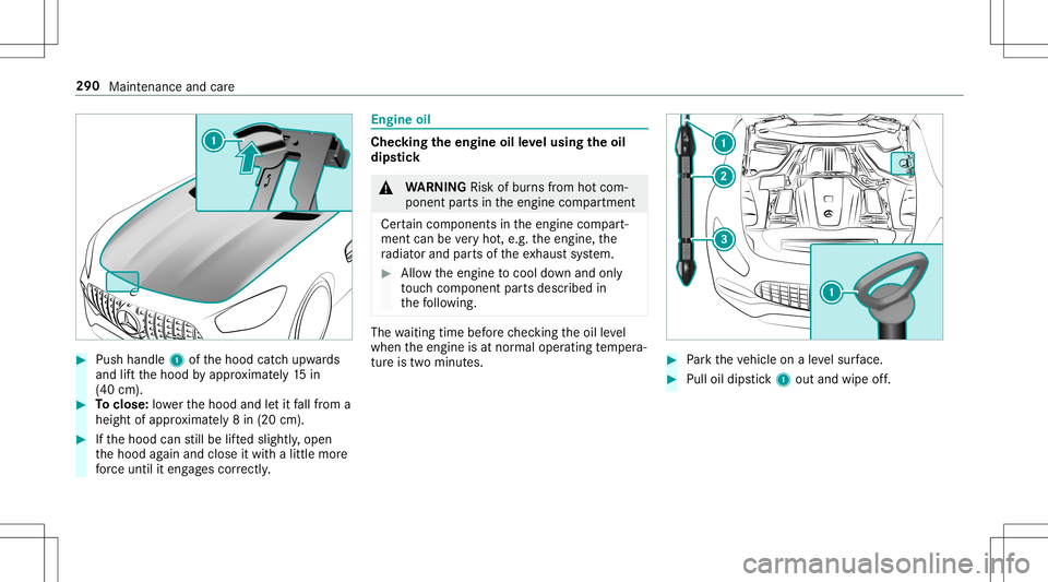 MERCEDES-BENZ AMG GT 2020  AMG Owners Manual #
Push handle 1ofthehood catchupw ards
and liftth ehood byappr oximat ely15 in
(40 cm). #
Toclose: lowe rth ehood andletit fallfrom a
height ofappr oximat ely8 in (20 cm). #
Ifth ehood canstill be lif