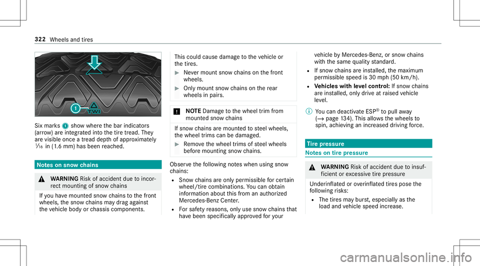 MERCEDES-BENZ AMG GT 2020 AMG Owners Manual Six
mar ks1 showwher eth ebar indicat ors
(ar row )ar eint egr ated intoth etir etread. They
ar evisible onceatread depthofappr oximat ely
00CD in(1.6 mm) hasbeen reac hed. No
teson sno wch ains &
WAR MERCEDES-BENZ AMG GT 2020 AMG Owners Manual Six
mar ks1 showwher eth ebar indicat ors
(ar row )ar eint egr ated intoth etir etread. They
ar evisible onceatread depthofappr oximat ely
00CD in(1.6 mm) hasbeen reac hed. No
teson sno wch ains &
WAR