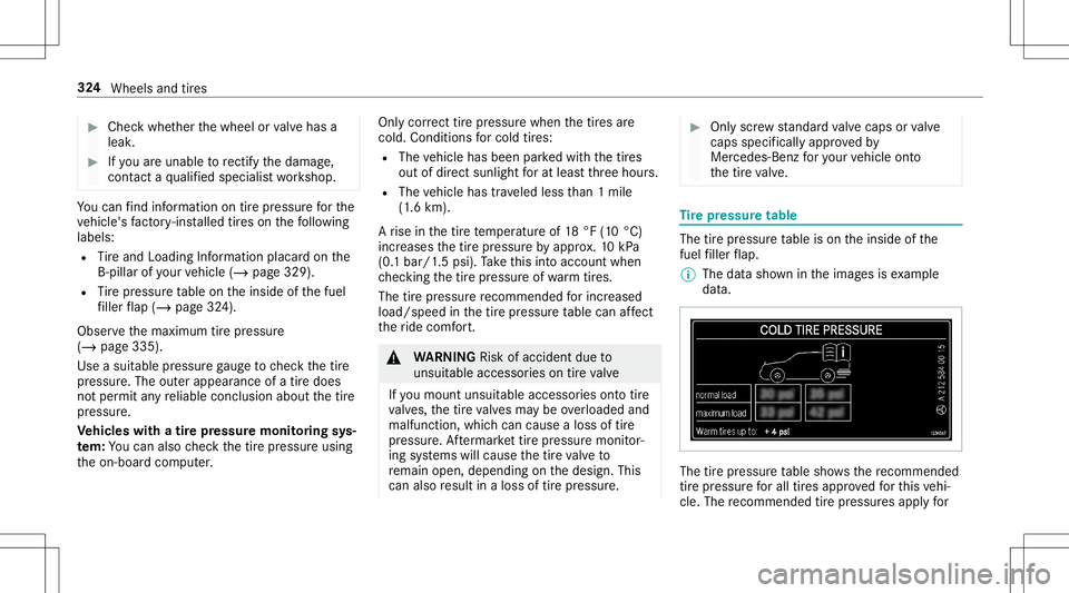MERCEDES-BENZ AMG GT 2020 AMG Owners Manual #
Chec kwhe ther thewheel orvalve has a
leak . #
Ifyo uar eunab leto rectify thedamag e,
con tact aqu alif ied spec ialistwo rkshop. Yo
ucan find informa tionon tirepr ess urefo rth e
ve hicle's f MERCEDES-BENZ AMG GT 2020 AMG Owners Manual #
Chec kwhe ther thewheel orvalve has a
leak . #
Ifyo uar eunab leto rectify thedamag e,
con tact aqu alif ied spec ialistwo rkshop. Yo
ucan find informa tionon tirepr ess urefo rth e
ve hicle's f