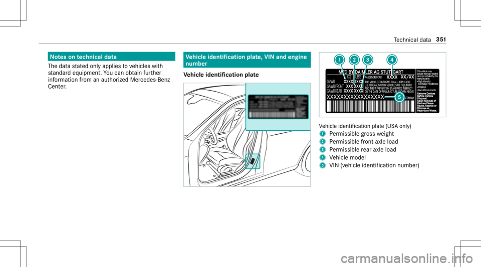 MERCEDES-BENZ AMG GT 2020 AMG Owners Manual No
teson tech nical data
The datast at ed onlyapplies tovehicles with
st andar deq uipme nt.Yo ucan obtain further
inf ormation from anaut hor ized Mercedes- Benz
Cent er. Ve
hicl eiden tificati onpla MERCEDES-BENZ AMG GT 2020 AMG Owners Manual No
teson tech nical data
The datast at ed onlyapplies tovehicles with
st andar deq uipme nt.Yo ucan obtain further
inf ormation from anaut hor ized Mercedes- Benz
Cent er. Ve
hicl eiden tificati onpla
