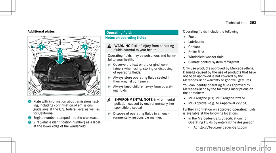 MERCEDES-BENZ AMG GT 2020 AMG Owners Manual Ad
diti onalplat es 1
Platewit hinf ormat ionabout emissionstest‐
ing, including confirm atio nof emis sions
guideli nesattheU. S. feder alleve las wellas
fo rCa lifor nia
2 Engine number stam ped i MERCEDES-BENZ AMG GT 2020 AMG Owners Manual Ad
diti onalplat es 1
Platewit hinf ormat ionabout emissionstest‐
ing, including confirm atio nof emis sions
guideli nesattheU. S. feder alleve las wellas
fo rCa lifor nia
2 Engine number stam ped i