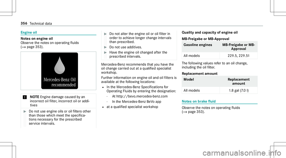 MERCEDES-BENZ AMG GT 2020 AMG Owners Manual Engine
oil No
teson engine oil
Obser vetheno teson oper ating fluids
(/ page35 3). *
NO
TEEngi nedama gecau sed byan
inc orrect oil filt er ,inc orrect oil oraddi‐
tiv es #
Donotus eengi neoilsor oi MERCEDES-BENZ AMG GT 2020 AMG Owners Manual Engine
oil No
teson engine oil
Obser vetheno teson oper ating fluids
(/ page35 3). *
NO
TEEngi nedama gecau sed byan
inc orrect oil filt er ,inc orrect oil oraddi‐
tiv es #
Donotus eengi neoilsor oi