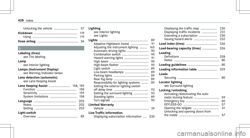 MERCEDES-BENZ AMG GT 2020  AMG Owners Manual Un
loc kin gth eve hicle ............................5 7
Kic kdow n............... ................................... 119
Using ..................... ...............................1 19
Knee airbag .