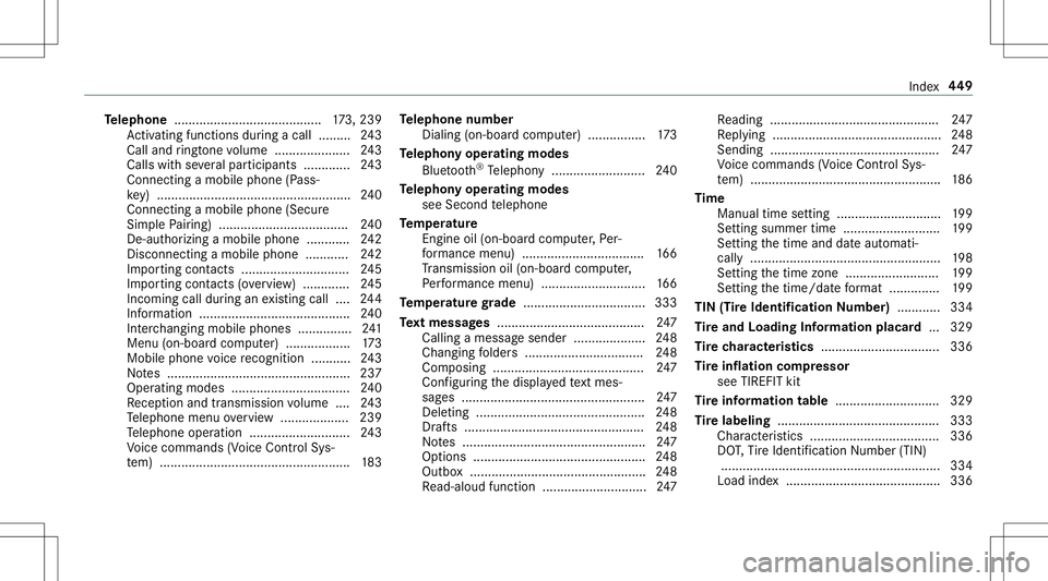 MERCEDES-BENZ AMG GT 2020  AMG Owners Manual Te
lephone ........ .................................1 73,239
Ac tivati ng functio nsduring acal l......... 243
Call andringt one volume ................ .....2 43
Ca lls wit hse veralpar ticipant s..