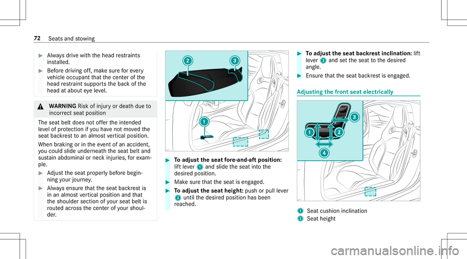 MERCEDES-BENZ AMG GT 2020 AMG Manual PDF #
Alw aysdr ive wit hth ehead restra int s
ins talled. #
Beforedr ivin gof f,mak esur efo rev ery
ve hicle occupant that thecent erofthe
head restra int suppor tsthebac kof the
head atabout eyeleve l. MERCEDES-BENZ AMG GT 2020 AMG Manual PDF #
Alw aysdr ive wit hth ehead restra int s
ins talled. #
Beforedr ivin gof f,mak esur efo rev ery
ve hicle occupant that thecent erofthe
head restra int suppor tsthebac kof the
head atabout eyeleve l.
