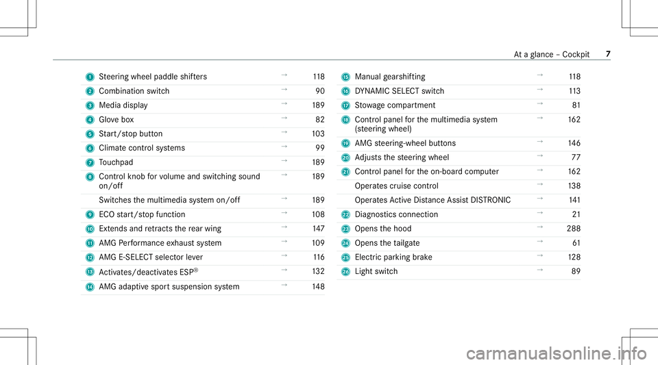 MERCEDES-BENZ AMG GT 2020  AMG Owners Manual 1
Steer ing wheel paddle shifters →
118
2 Comb inationswit ch →
90
3 Medi adisp lay →
189
4 Glovebox →
82
5 Start/ stop butt on →
103
6 Climat eco ntro lsy stems →
99
7 Touc hpad →
189
8