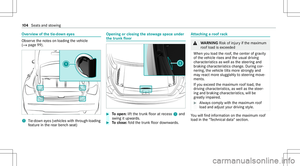 MERCEDES-BENZ CLA COUPE 2020  Owners Manual Ov
ervie wof thetie- down eyes Obser
vetheno teson loadi ngtheve hicle
(/ page99). 1
Tie-do wneyes (vehicles withth ro ugh- loadin g
fe atur ein there ar ben chseat) Opening
orclos ingthesto wage spac