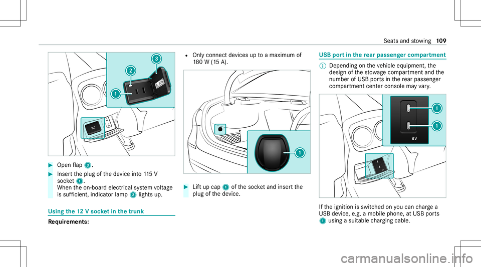 MERCEDES-BENZ CLA COUPE 2020 Owners Manual #
Open flap 3. #
Inser tth eplug ofthede vice into11 5V
soc ket1.
Wh entheon- boar delectr icalsystem voltag e
is suf ficie nt, indi catorlamp 2light sup. Using
the12 Vso cket inthetrunk Re
quirement MERCEDES-BENZ CLA COUPE 2020 Owners Manual #
Open flap 3. #
Inser tth eplug ofthede vice into11 5V
soc ket1.
Wh entheon- boar delectr icalsystem voltag e
is suf ficie nt, indi catorlamp 2light sup. Using
the12 Vso cket inthetrunk Re
quirement
