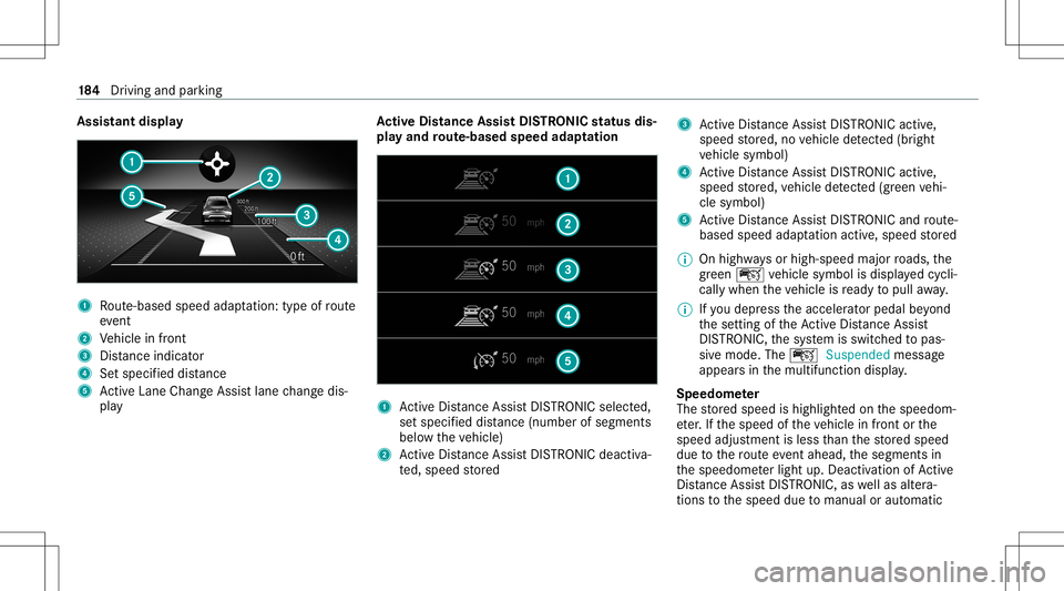 MERCEDES-BENZ CLA COUPE 2020 Owners Manual Assis
tantdispla y 1
Route-based speedadap tatio n:typ eof route
eve nt
2 Vehicle infront
3 Distance indicator
4 Setspe cified dist anc e
5 ActiveLa ne Chang eAssi stlane chang edis‐
pla y Ac
tiv eD MERCEDES-BENZ CLA COUPE 2020 Owners Manual Assis
tantdispla y 1
Route-based speedadap tatio n:typ eof route
eve nt
2 Vehicle infront
3 Distance indicator
4 Setspe cified dist anc e
5 ActiveLa ne Chang eAssi stlane chang edis‐
pla y Ac
tiv eD