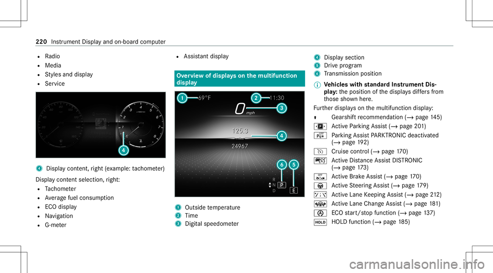 MERCEDES-BENZ CLA COUPE 2020 Owners Manual R
Radio
R Media
R Styles and displa y
R Service 4
Displa ycon tent, right (exa mp le:tac home ter)
Displa ycont entsele ction, right :
R Tach ome ter
R Averag efuel consum ption
R ECOdispla y
R Navig MERCEDES-BENZ CLA COUPE 2020 Owners Manual R
Radio
R Media
R Styles and displa y
R Service 4
Displa ycon tent, right (exa mp le:tac home ter)
Displa ycont entsele ction, right :
R Tach ome ter
R Averag efuel consum ption
R ECOdispla y
R Navig