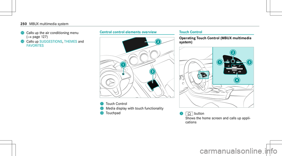 MERCEDES-BENZ CLA COUPE 2020  Owners Manual B
Calls uptheair con ditionin gmenu
(/ page12 7)
C Calls up SUGG ESTIONS ,THEMES and
FAVORIT ES Ce
ntr alco ntr olele ments overview 1
Touc hCon trol
2 Media displaywit hto uc hfun ction alit y
3 Touc