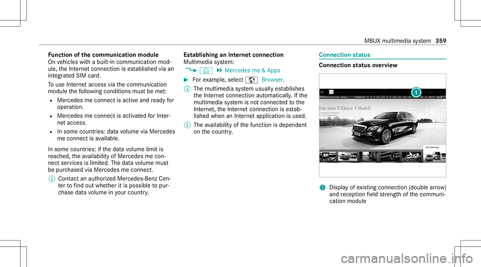 MERCEDES-BENZ CLA COUPE 2020 Owners Manual Fu
nction ofthecomm unicationmodule
On vehicles withabuilt-in communication mod‐
ule, theInt erne tcon nect ionises tablished viaan
int egratedSIM card.
To use Inte rn et acc ess viathecomm unicatio MERCEDES-BENZ CLA COUPE 2020 Owners Manual Fu
nction ofthecomm unicationmodule
On vehicles withabuilt-in communication mod‐
ule, theInt erne tcon nect ionises tablished viaan
int egratedSIM card.
To use Inte rn et acc ess viathecomm unicatio