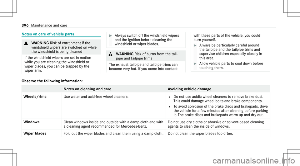 MERCEDES-BENZ CLA COUPE 2020 Owners Manual No
teson car eof vehicl epar ts &
WARNIN GRisk ofentr apment ifth e
winds hieldwiper sar eswit ched on while
th ewindshield isbeing cleaned
If th ewindshield wipersar ese tin mo tion
while youar ecle MERCEDES-BENZ CLA COUPE 2020 Owners Manual No
teson car eof vehicl epar ts &
WARNIN GRisk ofentr apment ifth e
winds hieldwiper sar eswit ched on while
th ewindshield isbeing cleaned
If th ewindshield wipersar ese tin mo tion
while youar ecle