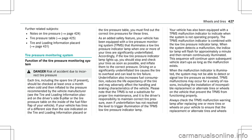 MERCEDES-BENZ CLA COUPE 2020 Owners Manual Fu
rther relat ed subje cts:
R Noteson tirepr essur e(/ page42 4)
R Tire pressur eta ble (/ page425)
R Tire and Loadi ngInfo rm atio nplacar d
(/ page43 1) Ti
re pres sur emoni toring system Fu
nction MERCEDES-BENZ CLA COUPE 2020 Owners Manual Fu
rther relat ed subje cts:
R Noteson tirepr essur e(/ page42 4)
R Tire pressur eta ble (/ page425)
R Tire and Loadi ngInfo rm atio nplacar d
(/ page43 1) Ti
re pres sur emoni toring system Fu
nction