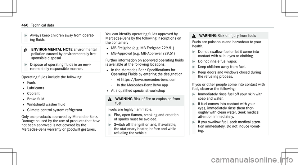 MERCEDES-BENZ CLA COUPE 2020  Owners Manual #
Alw ayske ep childr enaway from oper at‐
ing fluids. +
ENV
IRON MEN TALNO TEEnvironme ntal
po lluti on cau sed byenvironmen tally irre ‐
sponsible disposal #
Dispose ofoper ating fluids inan env