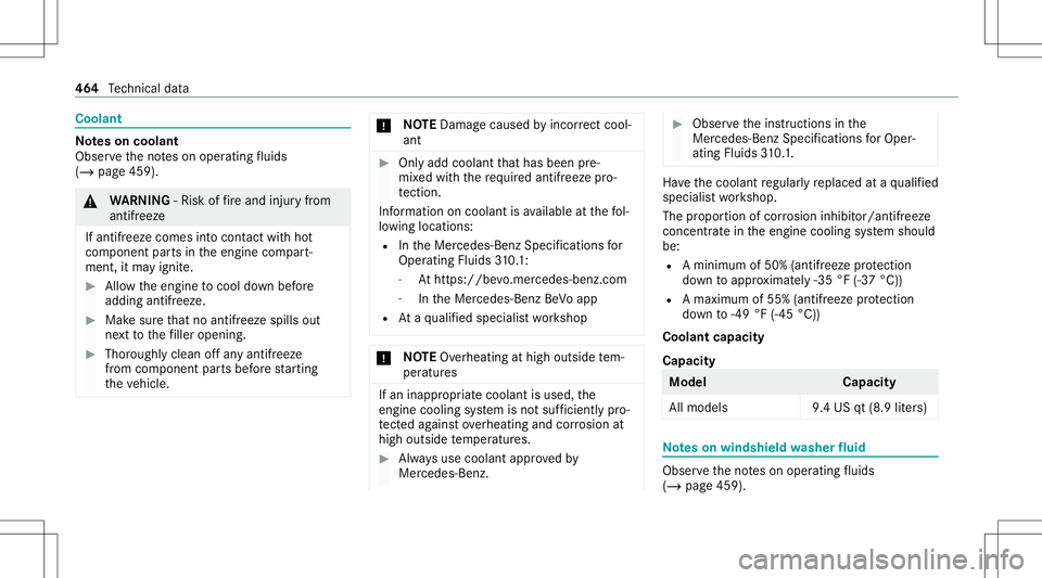 MERCEDES-BENZ CLA COUPE 2020  Owners Manual Coolant
No
teson coolant
Obser vetheno teson oper ating fluids
(/ page45 9). &
WARNIN G‑Ri sk offire and injuryfrom
ant ifreez e
If ant ifreez ecom esintocon tact with hot
com ponent partsintheengin